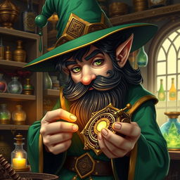 A highly detailed and realistic art style illustration of a dexterous male gnome wizard known for his perfectionism