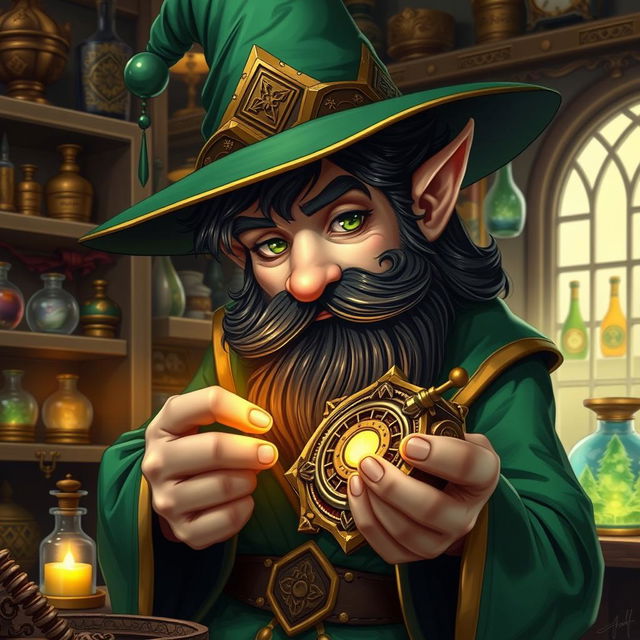 A highly detailed and realistic art style illustration of a dexterous male gnome wizard known for his perfectionism