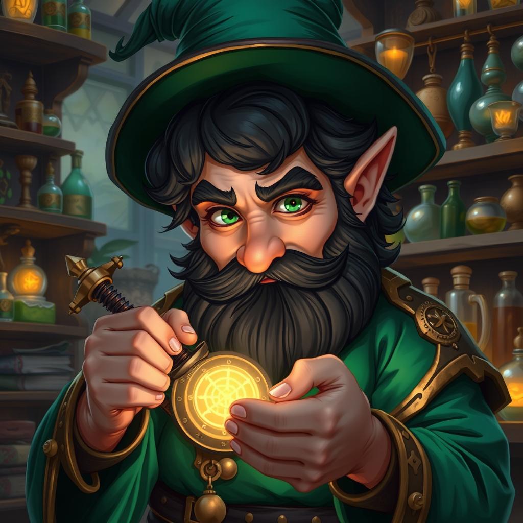 A highly detailed and realistic art style illustration of a dexterous male gnome wizard known for his perfectionism
