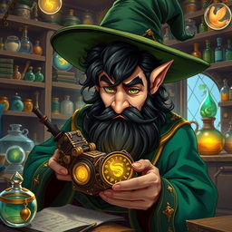 A highly detailed and realistic art style illustration of a dexterous male gnome wizard known for his perfectionism