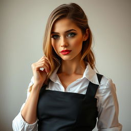 A beautiful 30-year-old woman dressed in a teacher's outfit, exuding a provocative aura