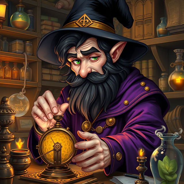 A highly detailed and realistic art style illustration of a dexterous male gnome wizard, renowned for his perfectionism