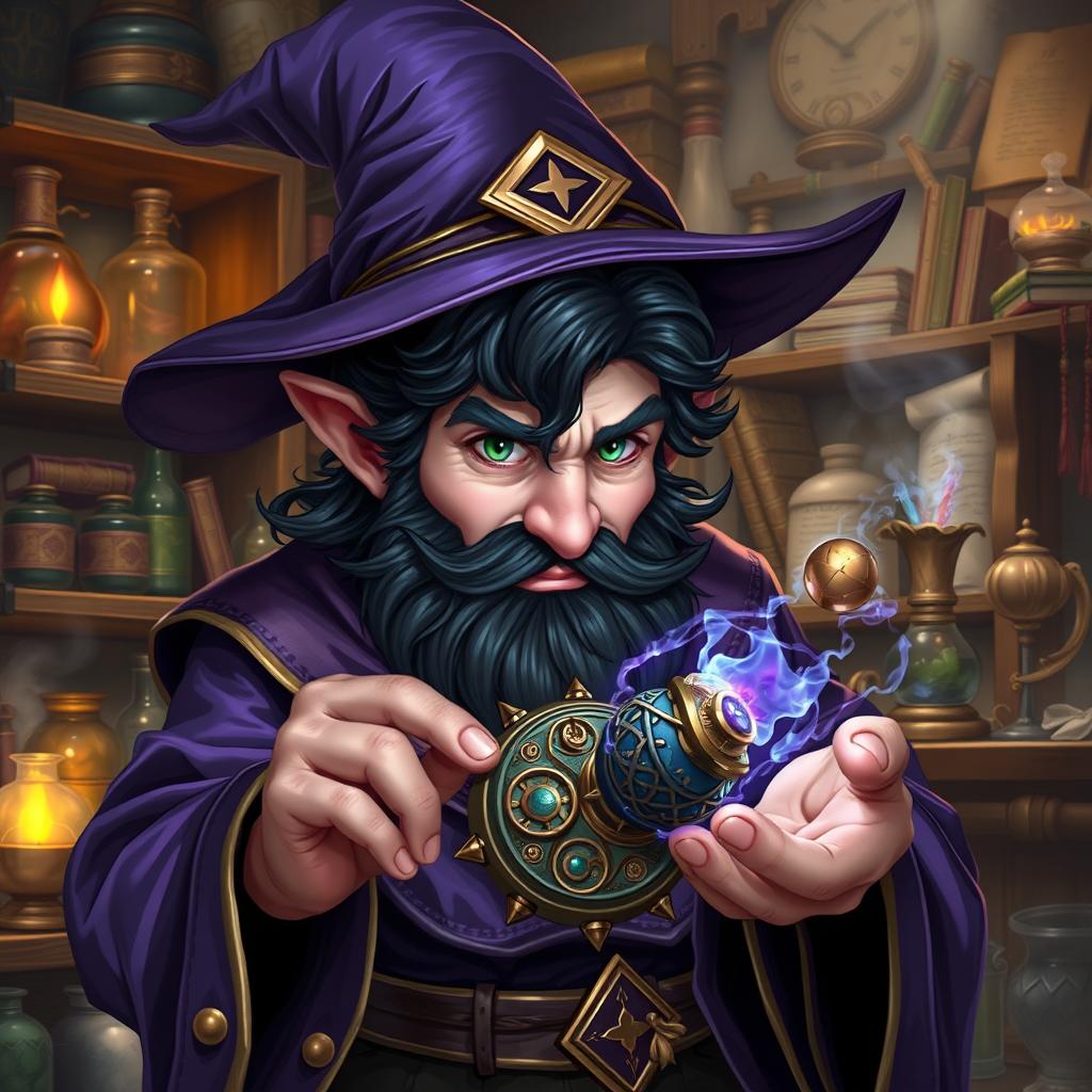 A highly detailed and realistic art style illustration of a dexterous male gnome wizard, renowned for his perfectionism
