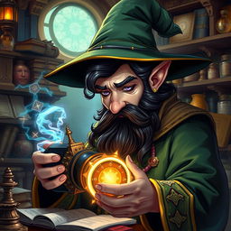 A highly detailed and realistic art style illustration of a dexterous male gnome wizard recognized for his perfectionism