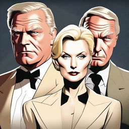 A high-quality digitally rendered film-style image featuring a sinister triad of billionaires: a cleanly-shaved 50-year-old middle-aged man, a 70-year-old blonde lady positioned in the middle, and a young man without a hood