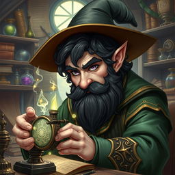A highly detailed and realistic art style illustration of a dexterous male gnome wizard recognized for his perfectionism