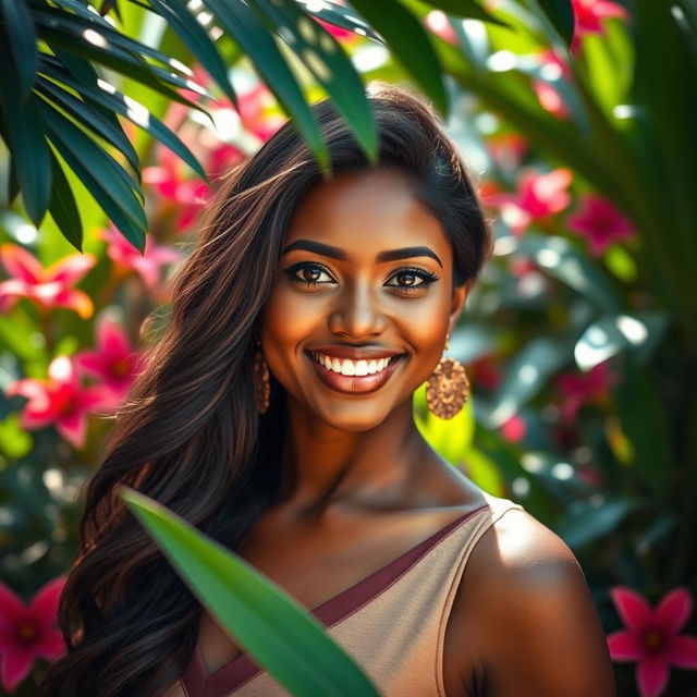 A portrait of a beautiful, dark-skinned Sri Lankan woman with a radiant smile, showcasing her natural beauty and confidence