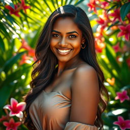 A portrait of a beautiful, dark-skinned Sri Lankan woman with a radiant smile, showcasing her natural beauty and confidence
