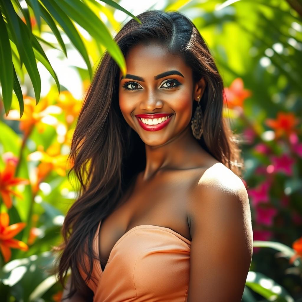 A portrait of a beautiful, dark-skinned Sri Lankan woman with a radiant smile, showcasing her natural beauty and confidence