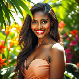 A portrait of a beautiful, dark-skinned Sri Lankan woman with a radiant smile, showcasing her natural beauty and confidence