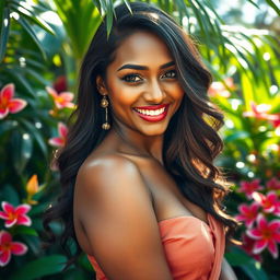 A portrait of a beautiful, dark-skinned Sri Lankan woman with a radiant smile, showcasing her natural beauty and confidence