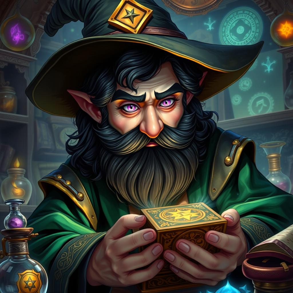 A highly detailed and realistic art style illustration of a dexterous male gnome wizard, characterized by his perfectionism