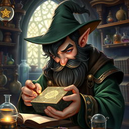 A highly detailed and realistic art style illustration of a dexterous male gnome wizard, characterized by his perfectionism