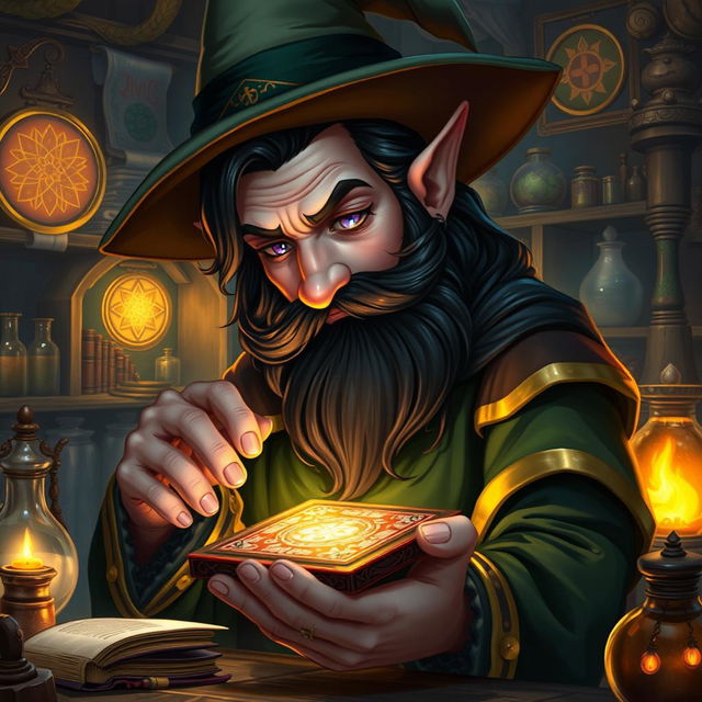 A highly detailed and realistic art style illustration of a dexterous male gnome wizard, characterized by his perfectionism