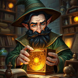 A highly detailed and realistic art style illustration of a dexterous male gnome wizard, known for his perfectionism