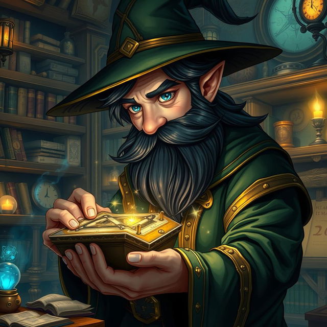 A highly detailed and realistic art style illustration of a dexterous male gnome wizard, known for his perfectionism