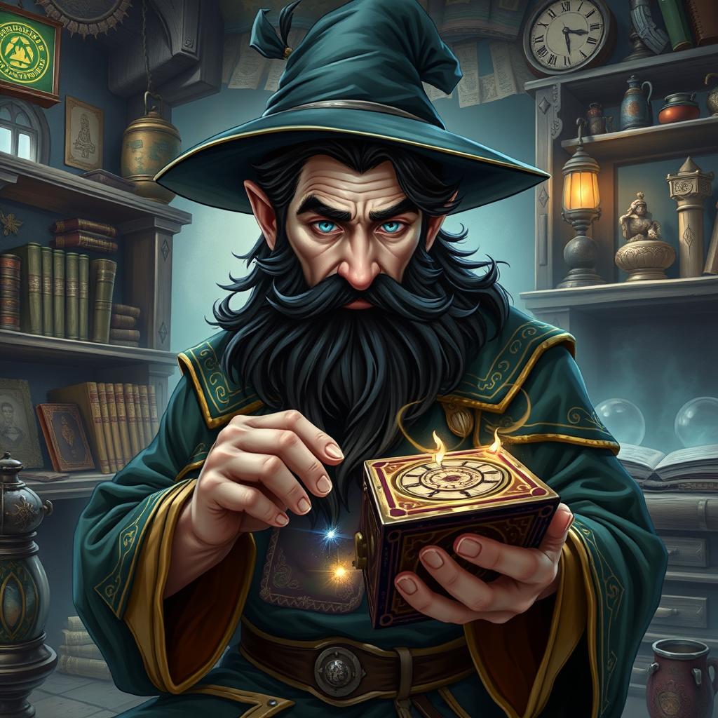 A highly detailed and realistic art style illustration of a dexterous male gnome wizard, known for his perfectionism