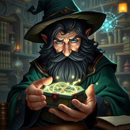 A highly detailed and realistic art style illustration of a dexterous male gnome wizard, known for his perfectionism