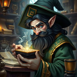 A highly detailed and realistic art style illustration of a dexterous male gnome wizard, known for his perfectionism