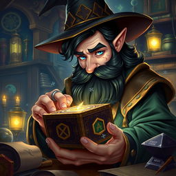 A highly detailed and realistic art style illustration of a dexterous male gnome wizard, known for his perfectionism