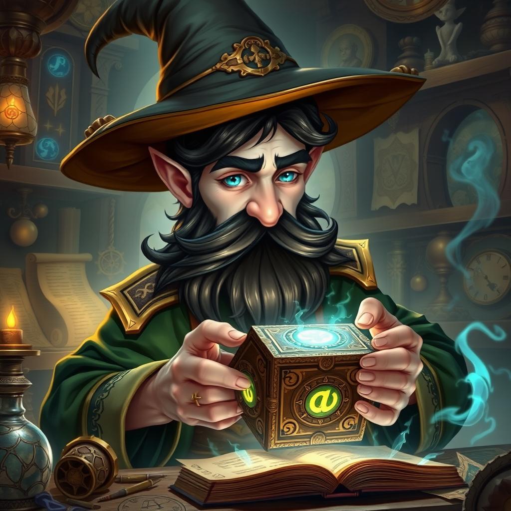 A highly detailed and realistic art style illustration of a dexterous male gnome wizard, known for his perfectionism