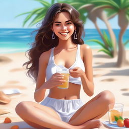 A lively digital art image presents an attractive Latina girl with brown hair, sitting outdoors on a beach