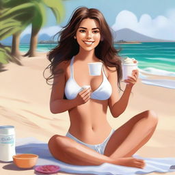 A lively digital art image presents an attractive Latina girl with brown hair, sitting outdoors on a beach