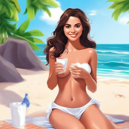 A lively digital art image presents an attractive Latina girl with brown hair, sitting outdoors on a beach