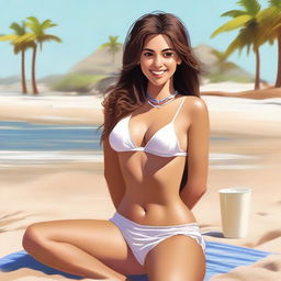 A delightful digital art image portrays an attractive Latina girl with brown hair, sitting outdoors on a beach