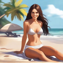 A delightful digital art image portrays an attractive Latina girl with brown hair, sitting outdoors on a beach