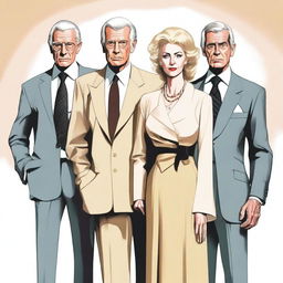 A high-quality digitally rendered image showcasing a sinister triad: a fabulously dressed 70-year-old blonde lady in the center, a cleanly-shaved 50-year-old man, and a 26-year-old young man, all without neckties or collars