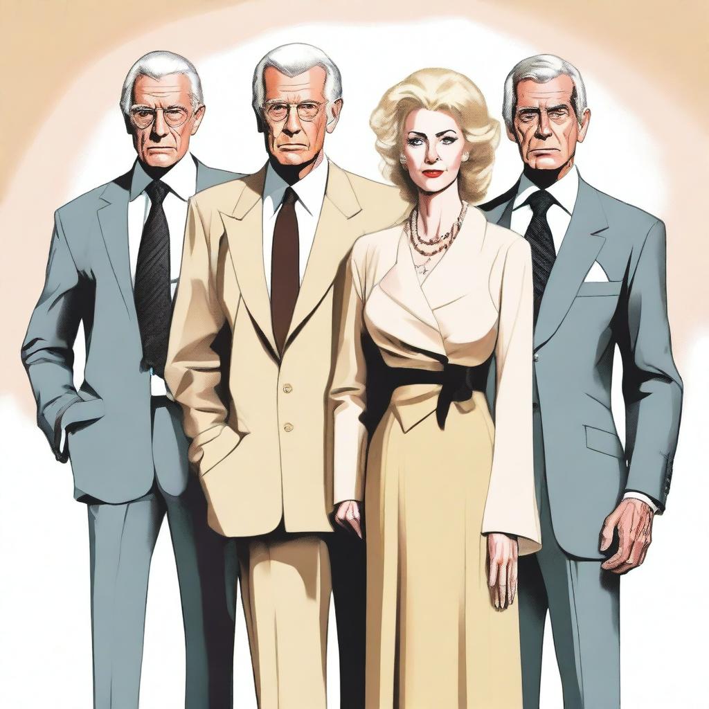 A high-quality digitally rendered image showcasing a sinister triad: a fabulously dressed 70-year-old blonde lady in the center, a cleanly-shaved 50-year-old man, and a 26-year-old young man, all without neckties or collars