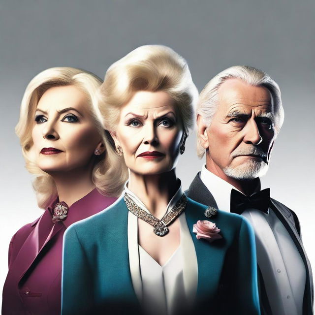 A high-quality digitally rendered image showcasing a sinister triad: a fabulously dressed 70-year-old blonde lady in the center, a cleanly-shaved 50-year-old man, and a 26-year-old young man, all without neckties or collars