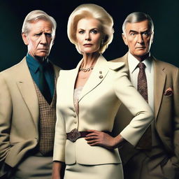 A high-quality digitally rendered image showcasing a sinister triad: a fabulously dressed 70-year-old blonde lady in the center, a cleanly-shaved 50-year-old man, and a 26-year-old young man, all without neckties or collars