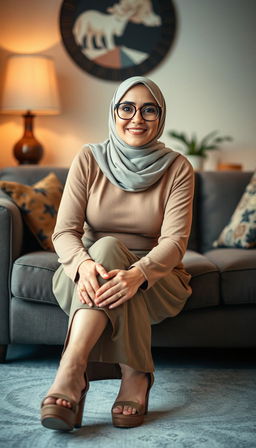 An innocent yet passionate woman in her 40s, wearing a stylish hijab and fashionable glasses, sitting comfortably in a beautifully decorated home