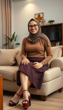 An innocent yet passionate woman in her 40s, wearing a stylish hijab and fashionable glasses, sitting comfortably in a beautifully decorated home