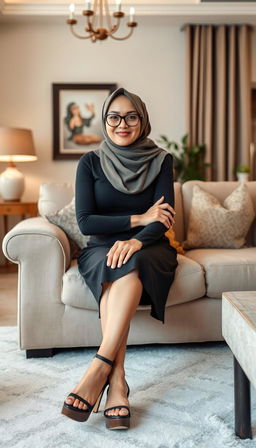 An innocent yet passionate woman in her 40s, wearing a stylish hijab and fashionable glasses, sitting comfortably in a beautifully decorated home