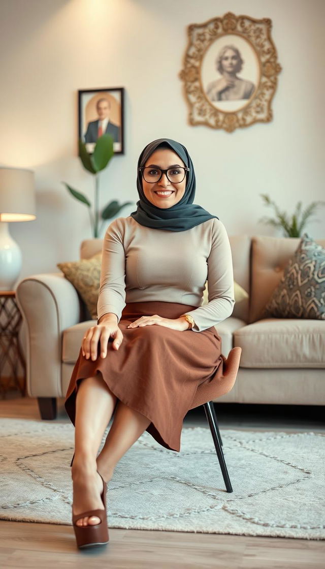 An innocent yet passionate woman in her 40s, wearing a stylish hijab and fashionable glasses, sitting comfortably in a beautifully decorated home