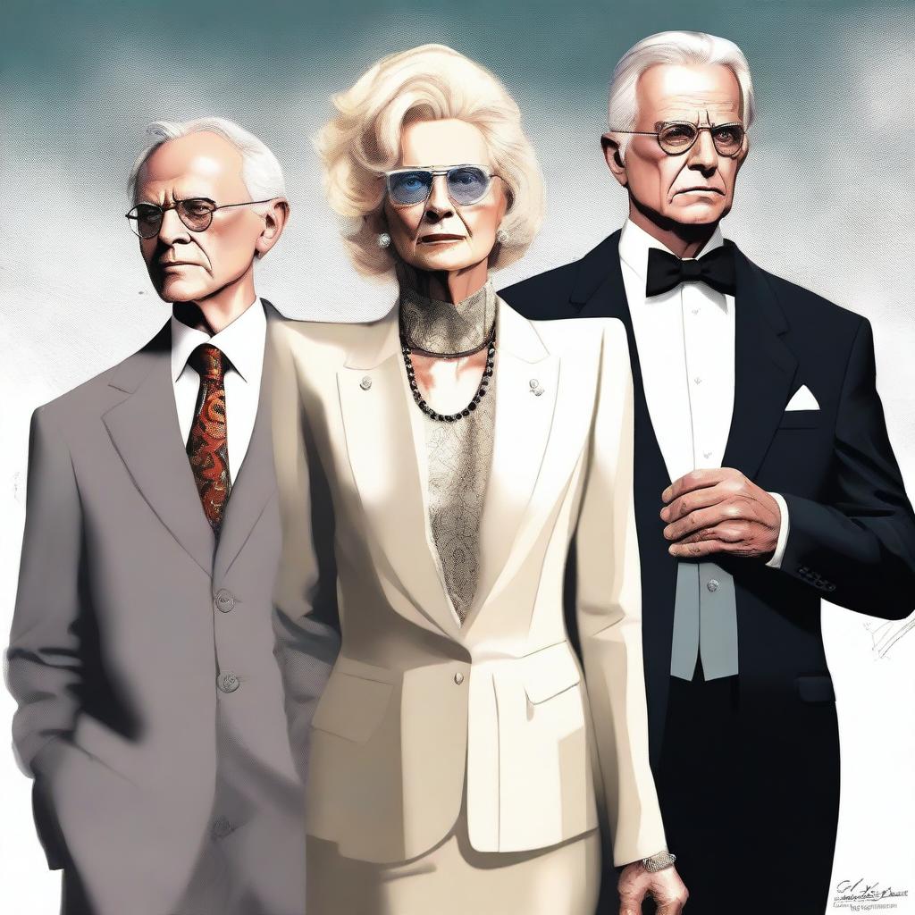 A high-quality digital art piece vividly illustrating a sinister triad: a fabulously dressed 70-year-old blonde lady, a cleanly-shaved 50-year-old man, and a 26-year-old young man, all without neckties or collars