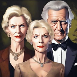 A high-quality digital art piece vividly illustrating a sinister triad: a fabulously dressed 70-year-old blonde lady, a cleanly-shaved 50-year-old man, and a 26-year-old young man, all without neckties or collars