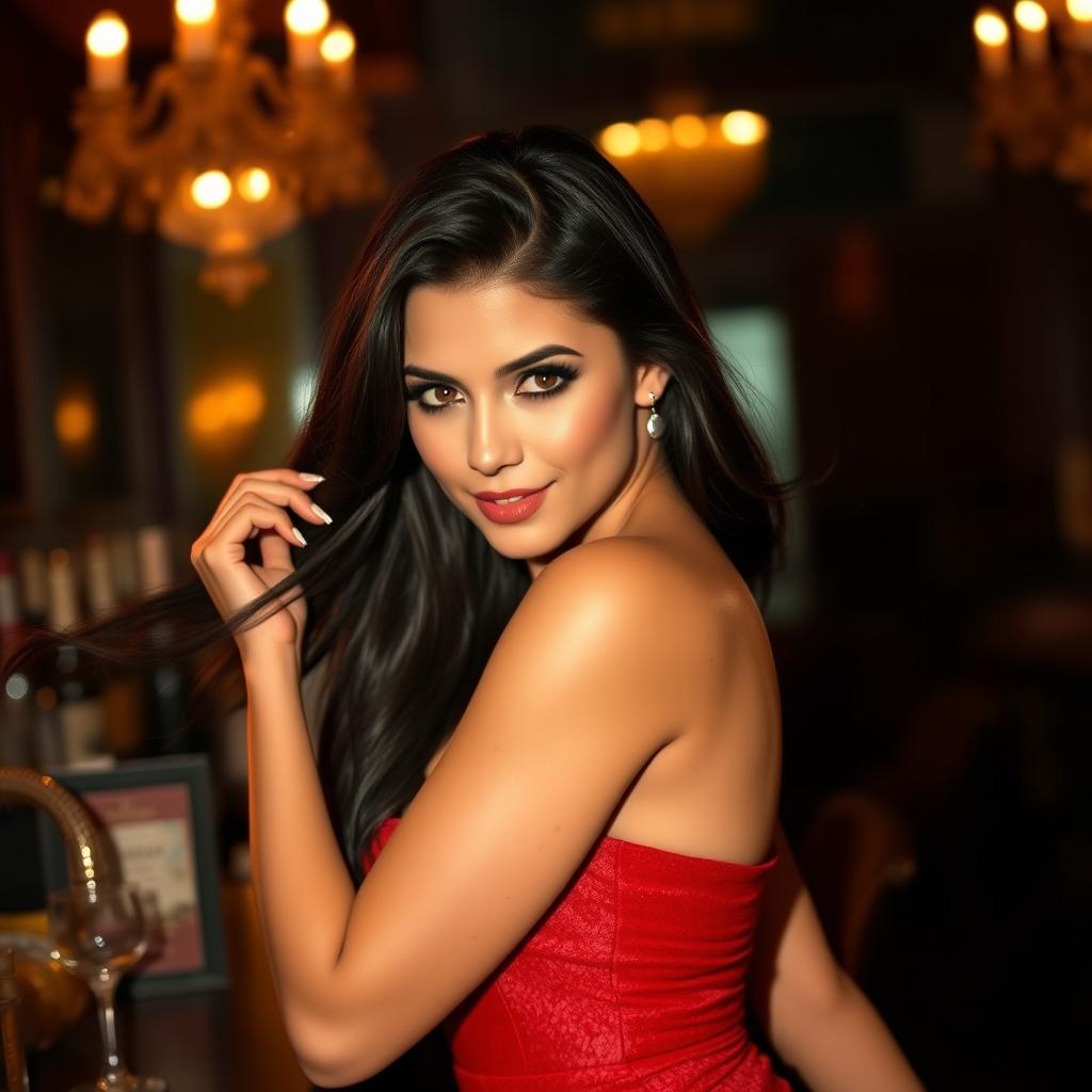 A seductive woman posing gracefully, with flowing dark hair cascading down her shoulders