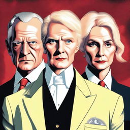 A high-quality digital art piece vividly illustrating a sinister triad: a fabulously dressed 70-year-old blonde lady, a cleanly-shaved 50-year-old man, and a 26-year-old young man, all without neckties or collars