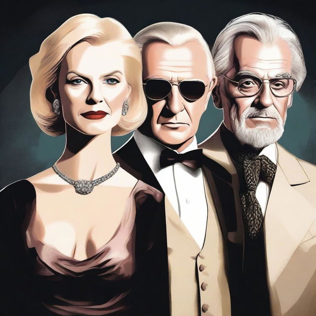 A high-quality digital art piece vividly illustrating a sinister triad: a fabulously dressed 70-year-old blonde lady, a cleanly-shaved 50-year-old man, and a 26-year-old young man, all without neckties or collars