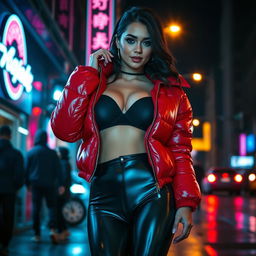 A hot slim girl with striking curves and large breasts, wearing a shiny red tight puffer jacket that fits her snugly, accentuating her figure, paired with sleek black latex leggings that cling to her legs