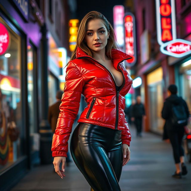 A hot slim girl with striking curves and large breasts, wearing a shiny red tight puffer jacket that fits her snugly, accentuating her figure, paired with sleek black latex leggings that cling to her legs