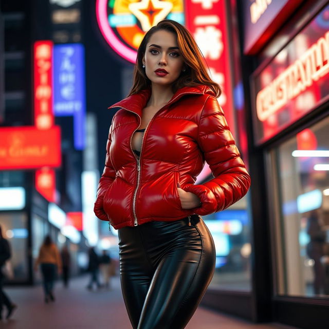 An attractive slim woman with large breasts, dressed in a shiny red tight puffer jacket that contours to her body, complemented by form-fitting black latex leggings that emphasize her sleek silhouette