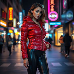 An attractive slim woman with large breasts, dressed in a shiny red tight puffer jacket that contours to her body, complemented by form-fitting black latex leggings that emphasize her sleek silhouette