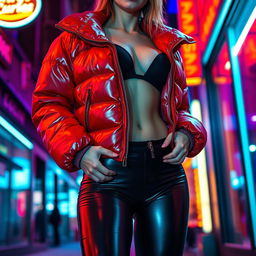 A hot slim girl with pronounced curves and large breasts, wearing a shiny red tight puffer jacket that hugs her figure, while donning sleek black latex leggings that accentuate her legs