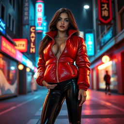A hot slim girl with pronounced curves and large breasts, wearing a shiny red tight puffer jacket that hugs her figure, while donning sleek black latex leggings that accentuate her legs