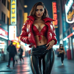 A hot slim girl with pronounced curves and large breasts, wearing a shiny red tight puffer jacket that hugs her figure, while donning sleek black latex leggings that accentuate her legs